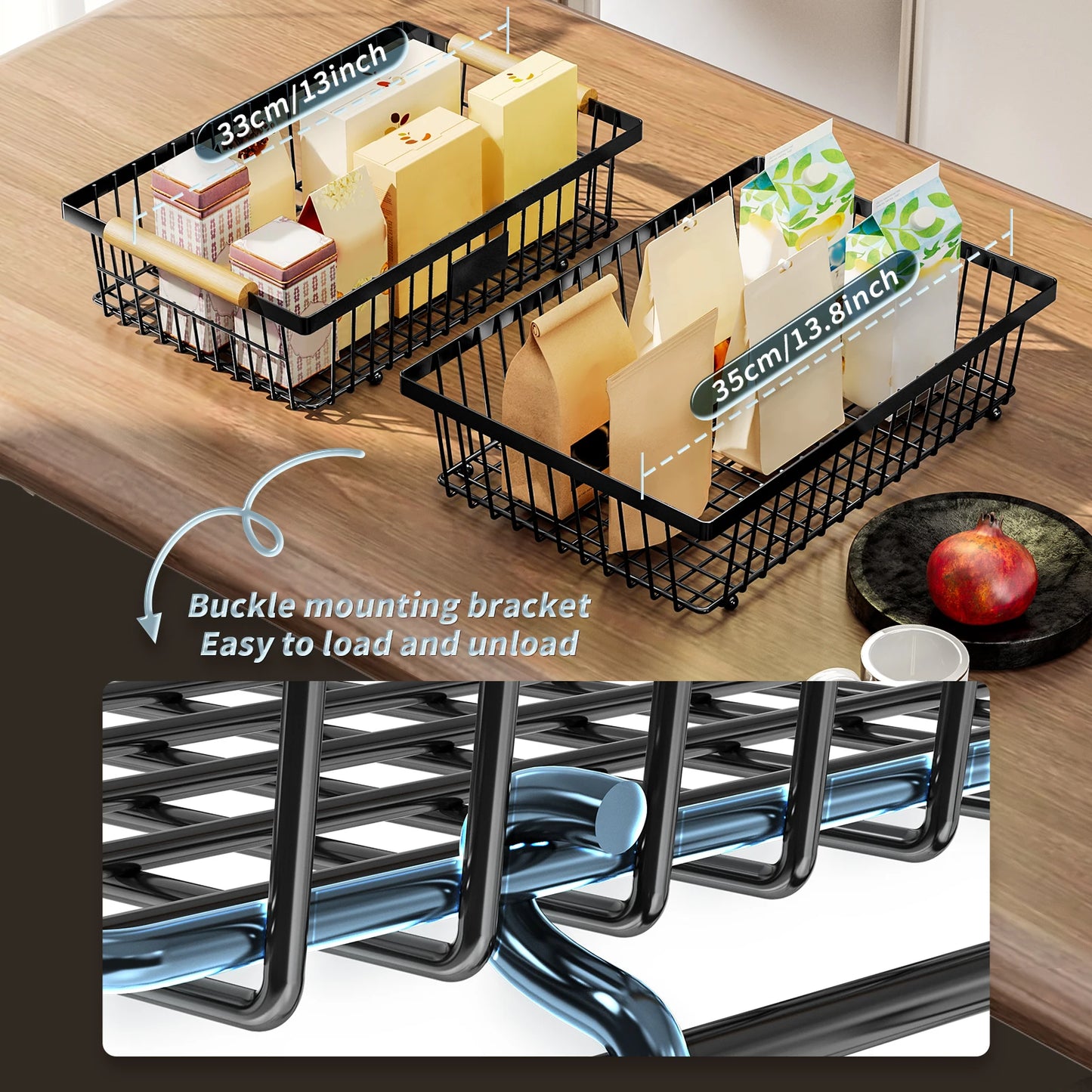 fruit basket vegetable basket,Metal storage basket with hook and wooden handle,Stackable and removable kitchen storage rack