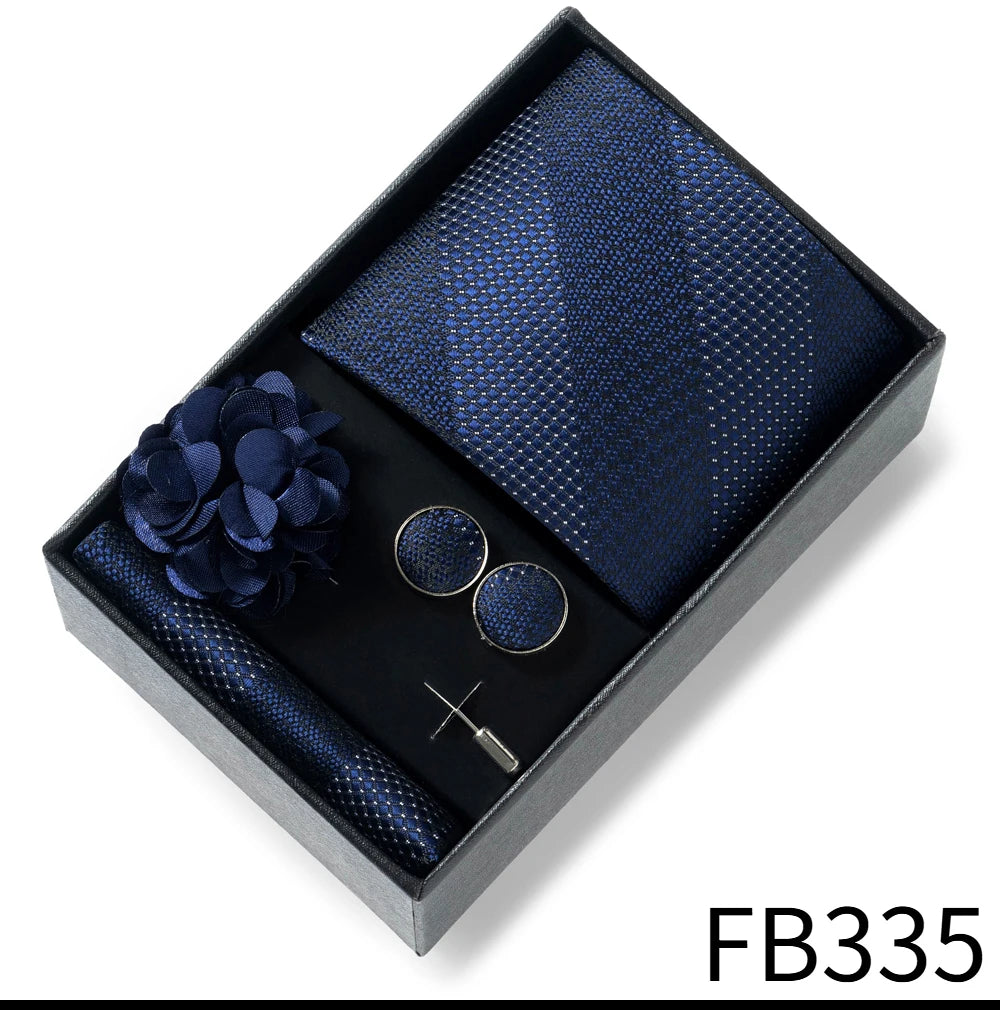 Luxurious Fashion Gift Box Men 8 cm Tie Sets Necktie Handkerchief Cufflinks Clip Brooch Set Golden Print Fit Wedding