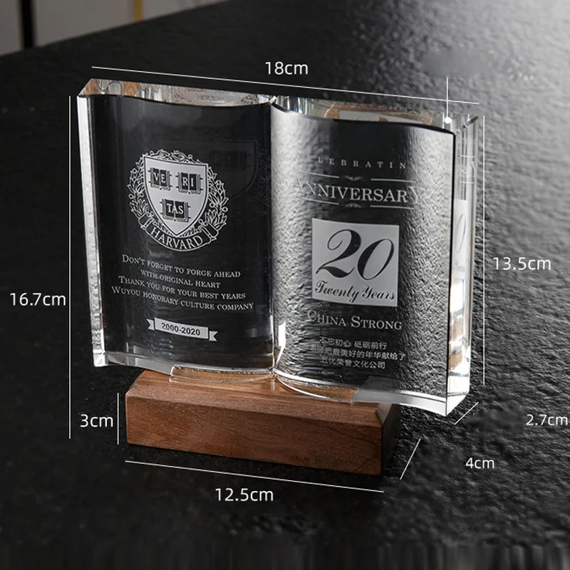 Crystal Trophy with Walnut Base, Customized Book Style, Creative Event Award Collection, Souvenir, Home Decor, High Grade