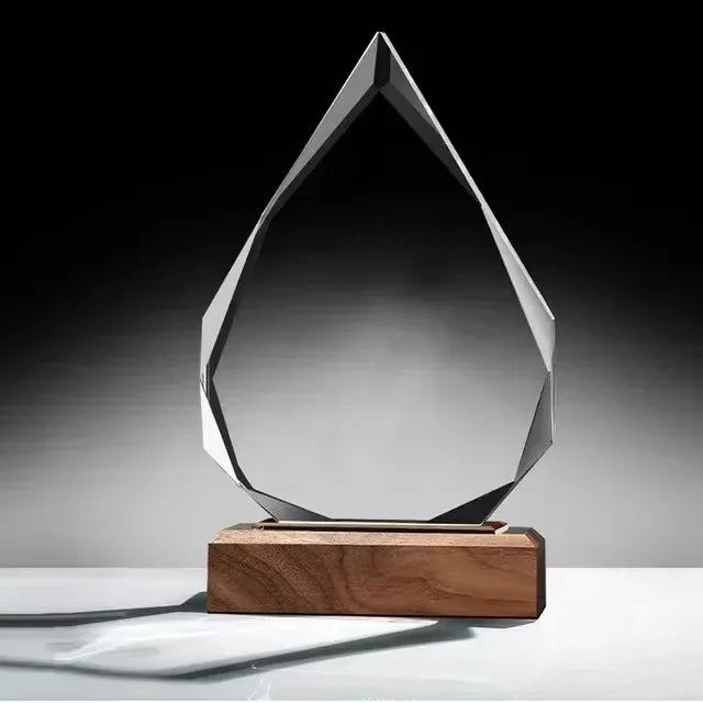 Free Custom Logo Creative Crystal Trophy with Wooden Base Honor Medal for Excellent Staff Winner Team Award Competition Souvenir