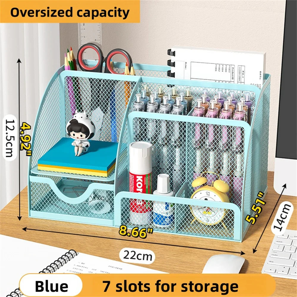 Desk Stationery Organizer Creative Metal Pen Holder Pencil File Storage Rack 7 Grid Storage Box Divided Container Office Access