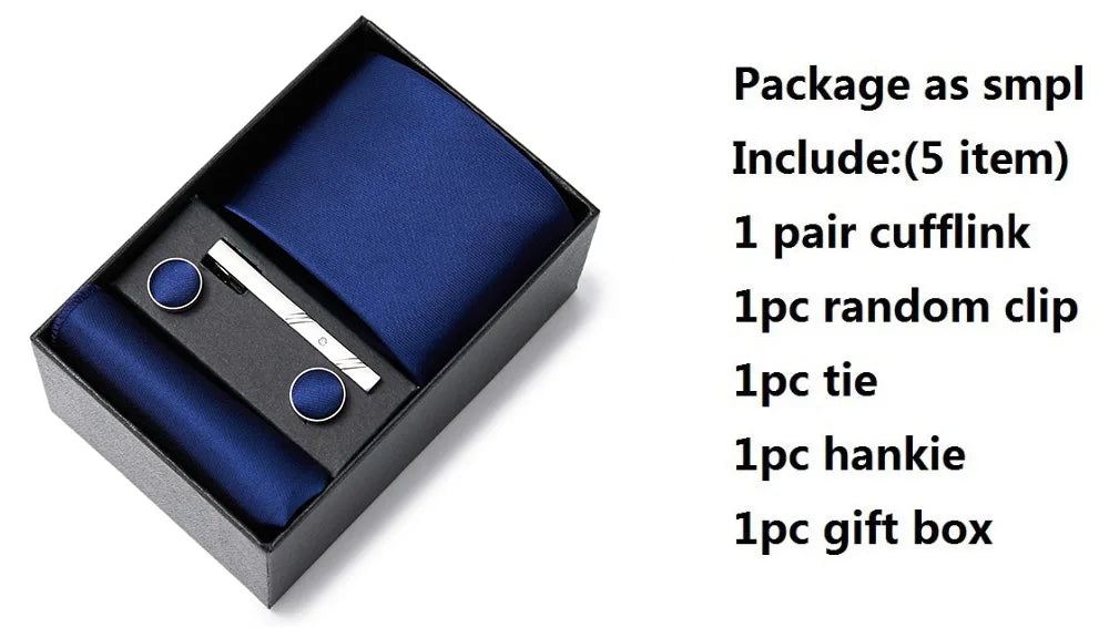 Hot Sale 8 cm Wide Tie Sets Blue Solid Men's Neck Tie Handkerchief Cufflinks Clip Box Wedding Gift Silk Handmade