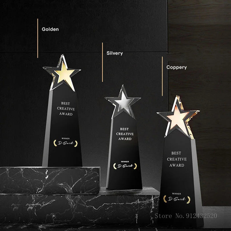 CustomizedFive-Pointed Star Crystal Trophy, Gold Silver Copper, Celebration Gift, Competition Award, Staff Meeting Souvenir, 1Pc
