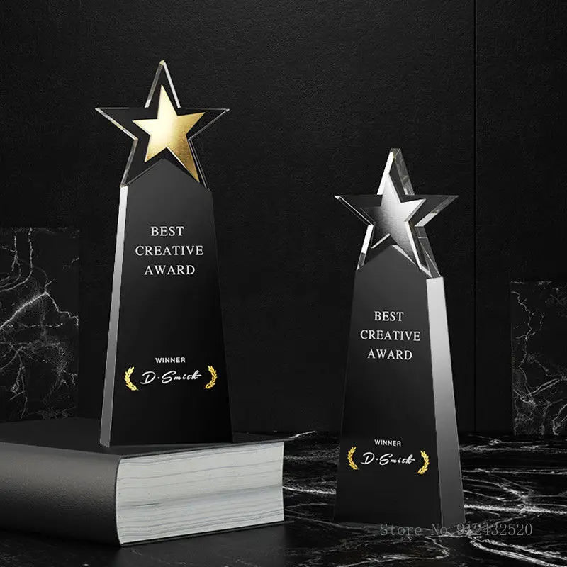 CustomizedFive-Pointed Star Crystal Trophy, Gold Silver Copper, Celebration Gift, Competition Award, Staff Meeting Souvenir, 1Pc