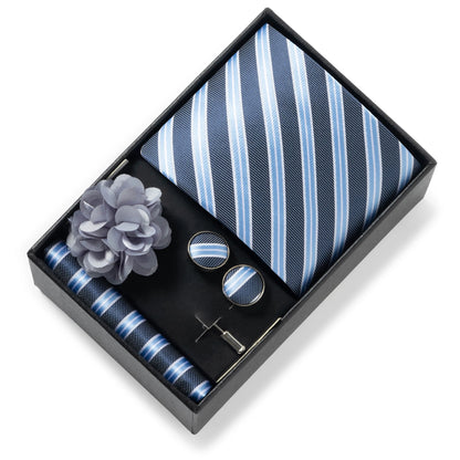 Luxurious Fashion Gift Box Men 8 cm Tie Sets Necktie Handkerchief Cufflinks Clip Brooch Set Golden Print Fit Wedding
