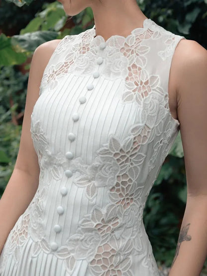 SMTHMA Women 2023 New Fashion White Sleeveless Summer Dress Ladies Lace Rose Embroidery Flower Elegant Long Dresses Vestidos
