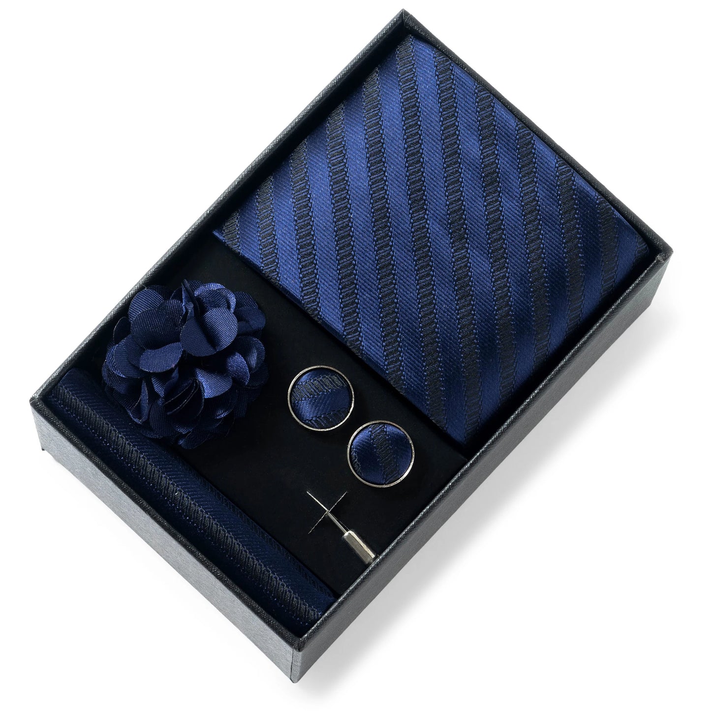 Luxurious Fashion Gift Box Men 8 cm Tie Sets Necktie Handkerchief Cufflinks Clip Brooch Set Golden Print Fit Wedding