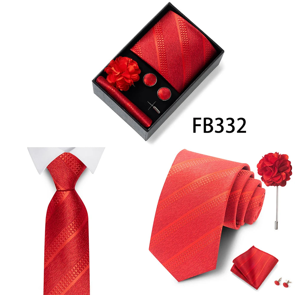 Luxurious Fashion Gift Box Men 8 cm Tie Sets Necktie Handkerchief Cufflinks Clip Brooch Set Golden Print Fit Wedding