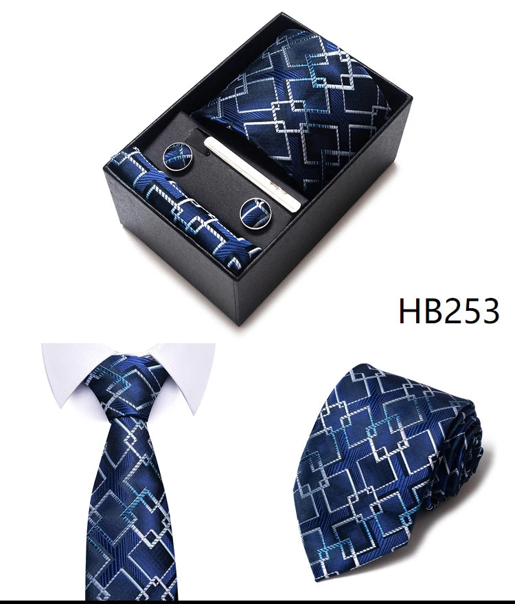 Hot Sale 8 cm Wide Tie Sets Blue Solid Men's Neck Tie Handkerchief Cufflinks Clip Box Wedding Gift Silk Handmade