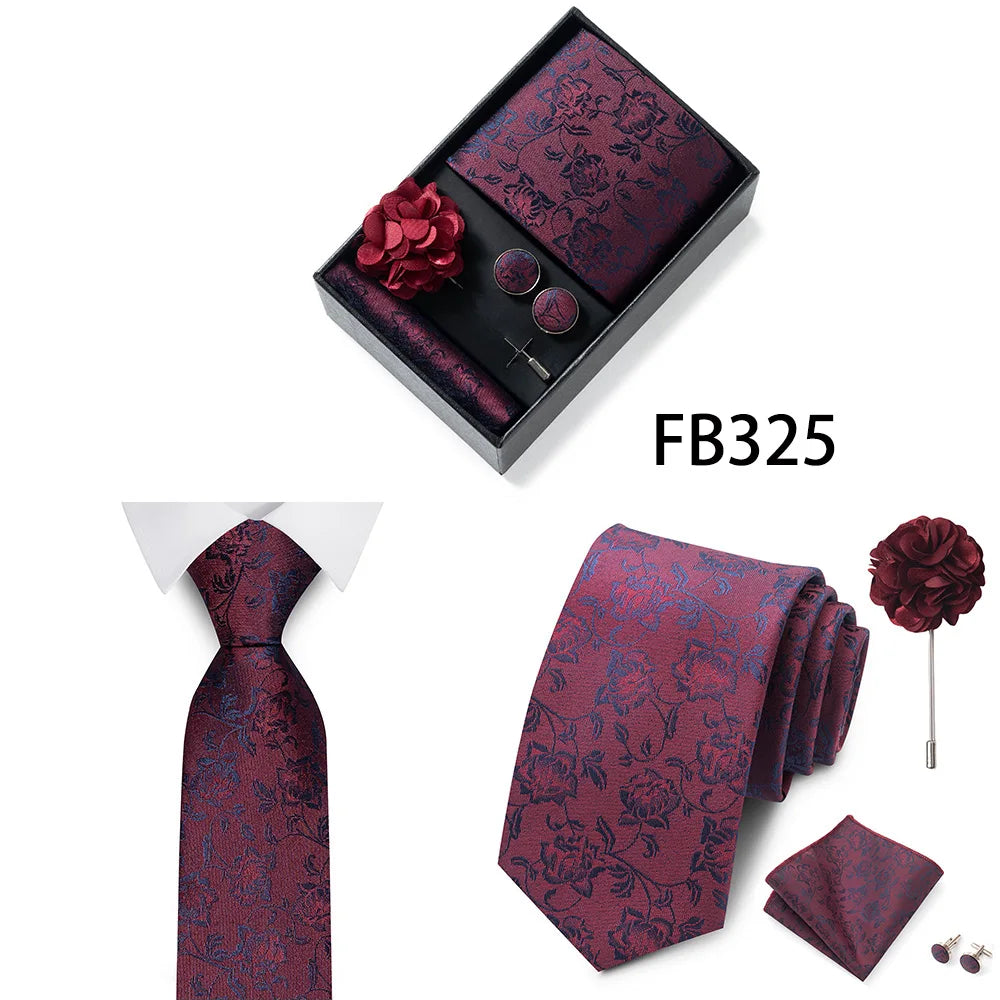 Luxurious Fashion Gift Box Men 8 cm Tie Sets Necktie Handkerchief Cufflinks Clip Brooch Set Golden Print Fit Wedding