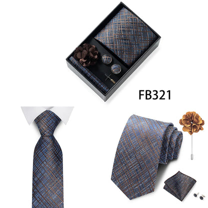 Luxurious Fashion Gift Box Men 8 cm Tie Sets Necktie Handkerchief Cufflinks Clip Brooch Set Golden Print Fit Wedding