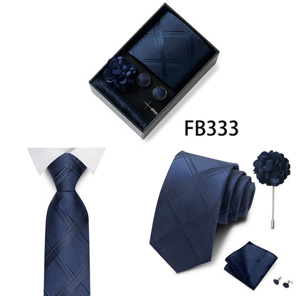 Luxurious Fashion Gift Box Men 8 cm Tie Sets Necktie Handkerchief Cufflinks Clip Brooch Set Golden Print Fit Wedding