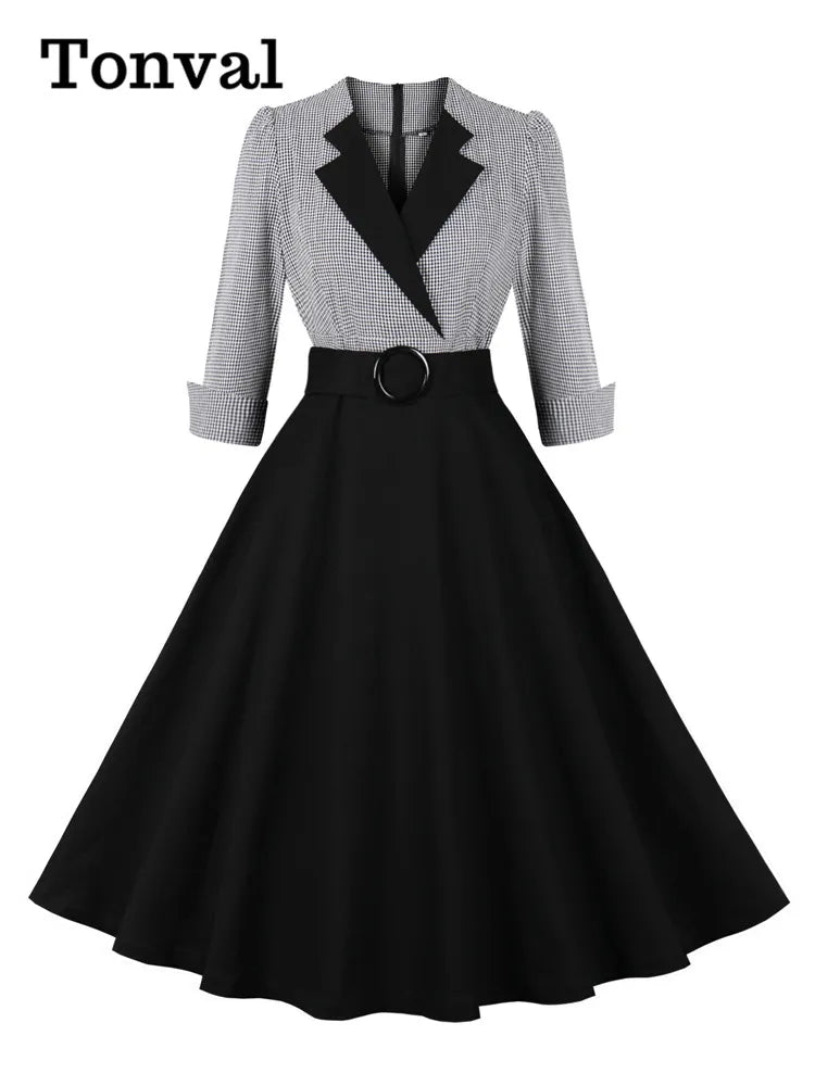 Tonval Plaid and Black Elegant Ladies Rockabilly Cotton Dresses