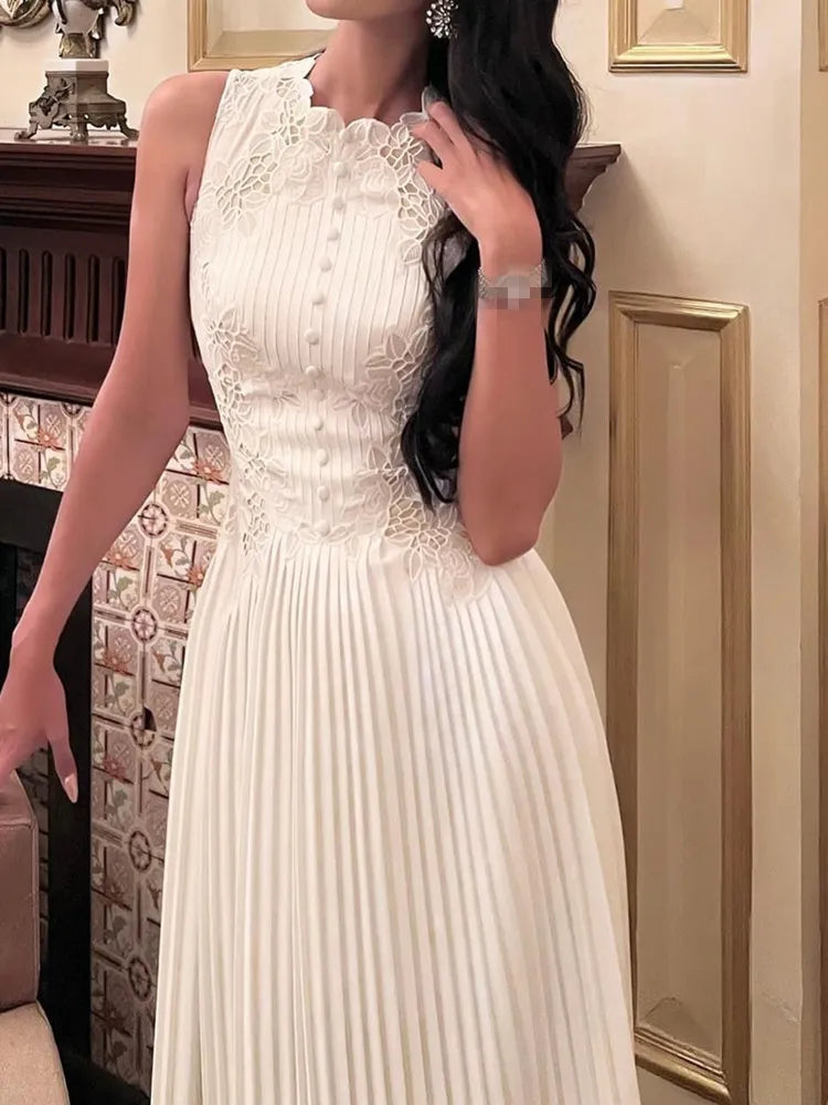 SMTHMA Women 2023 New Fashion White Sleeveless Summer Dress Ladies Lace Rose Embroidery Flower Elegant Long Dresses Vestidos