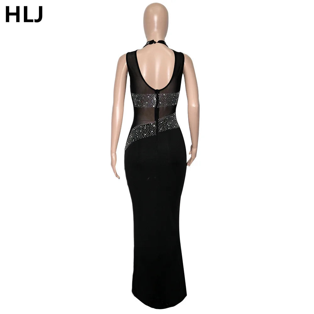 Sexy Luxury Rhinestone Mesh Patchwork Evening Party Dresses Women Round Neck Sleeveless Bodycon Vestidos Female Clothing New