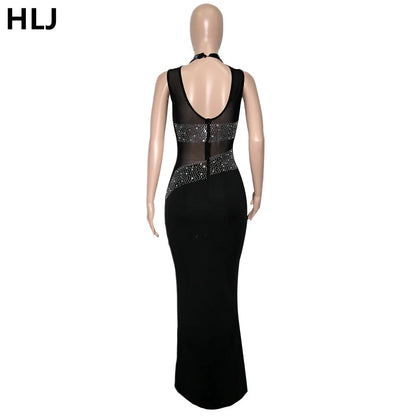 Sexy Luxury Rhinestone Mesh Patchwork Evening Party Dresses Women Round Neck Sleeveless Bodycon Vestidos Female Clothing New