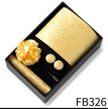 Luxurious Fashion Gift Box Men 8 cm Tie Sets Necktie Handkerchief Cufflinks Clip Brooch Set Golden Print Fit Wedding