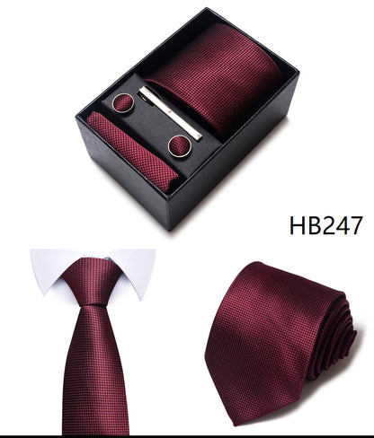 Hot Sale 8 cm Wide Tie Sets Blue Solid Men's Neck Tie Handkerchief Cufflinks Clip Box Wedding Gift Silk Handmade
