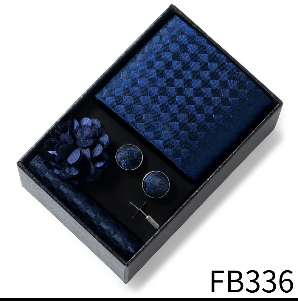 Luxurious Fashion Gift Box Men 8 cm Tie Sets Necktie Handkerchief Cufflinks Clip Brooch Set Golden Print Fit Wedding