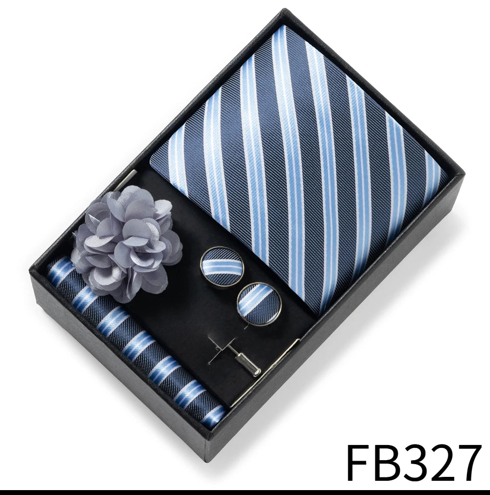 Luxurious Fashion Gift Box Men 8 cm Tie Sets Necktie Handkerchief Cufflinks Clip Brooch Set Golden Print Fit Wedding