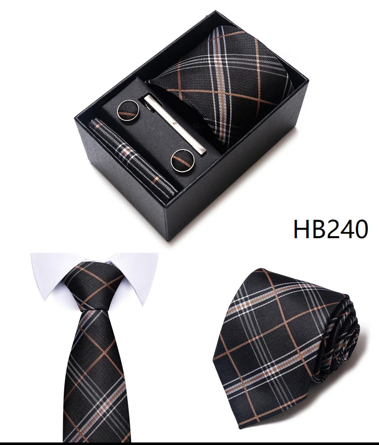 Hot Sale 8 cm Wide Tie Sets Blue Solid Men's Neck Tie Handkerchief Cufflinks Clip Box Wedding Gift Silk Handmade