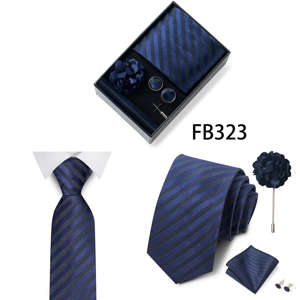 Luxurious Fashion Gift Box Men 8 cm Tie Sets Necktie Handkerchief Cufflinks Clip Brooch Set Golden Print Fit Wedding