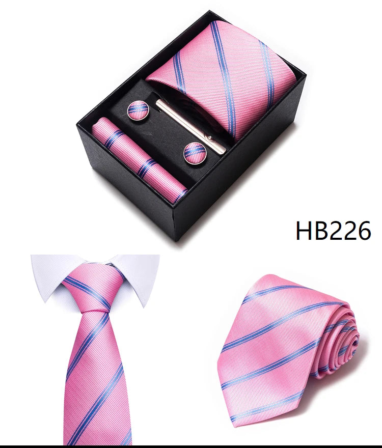 Hot Sale 8 cm Wide Tie Sets Blue Solid Men's Neck Tie Handkerchief Cufflinks Clip Box Wedding Gift Silk Handmade