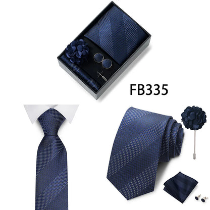 Luxurious Fashion Gift Box Men 8 cm Tie Sets Necktie Handkerchief Cufflinks Clip Brooch Set Golden Print Fit Wedding