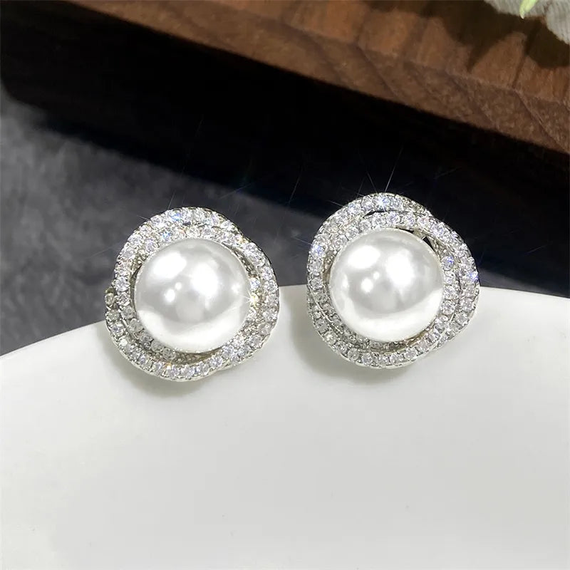 Huitan Shiny Imitation Pearl Stud Earrings Fashion Cross Design Aesthetic Women Ear Piercing Accessories Wedding Party Jewelry
