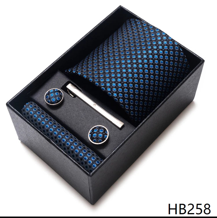 Hot Sale 8 cm Wide Tie Sets Blue Solid Men's Neck Tie Handkerchief Cufflinks Clip Box Wedding Gift Silk Handmade