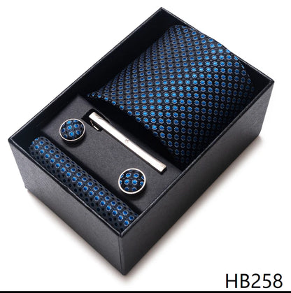 Hot Sale 8 cm Wide Tie Sets Blue Solid Men's Neck Tie Handkerchief Cufflinks Clip Box Wedding Gift Silk Handmade