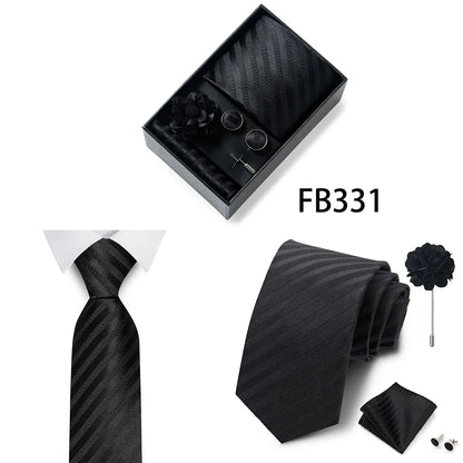 Luxurious Fashion Gift Box Men 8 cm Tie Sets Necktie Handkerchief Cufflinks Clip Brooch Set Golden Print Fit Wedding