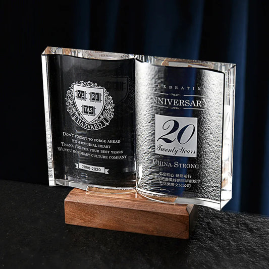 Crystal Trophy with Walnut Base, Customized Book Style, Creative Event Award Collection, Souvenir, Home Decor, High Grade