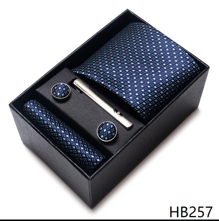 Hot Sale 8 cm Wide Tie Sets Blue Solid Men's Neck Tie Handkerchief Cufflinks Clip Box Wedding Gift Silk Handmade