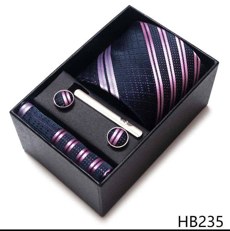 Hot Sale 8 cm Wide Tie Sets Blue Solid Men's Neck Tie Handkerchief Cufflinks Clip Box Wedding Gift Silk Handmade