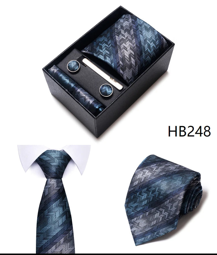 Hot Sale 8 cm Wide Tie Sets Blue Solid Men's Neck Tie Handkerchief Cufflinks Clip Box Wedding Gift Silk Handmade