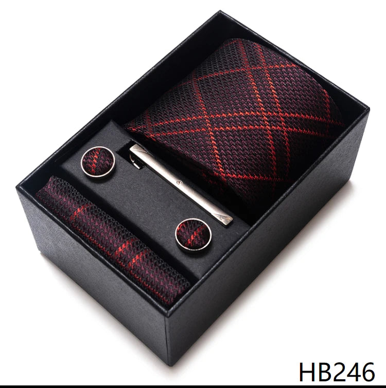 Hot Sale 8 cm Wide Tie Sets Blue Solid Men's Neck Tie Handkerchief Cufflinks Clip Box Wedding Gift Silk Handmade