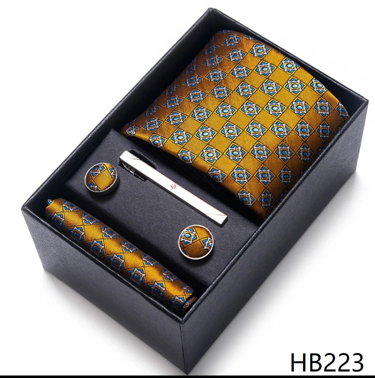 Hot Sale 8 cm Wide Tie Sets Blue Solid Men's Neck Tie Handkerchief Cufflinks Clip Box Wedding Gift Silk Handmade