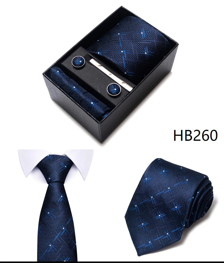 Hot Sale 8 cm Wide Tie Sets Blue Solid Men's Neck Tie Handkerchief Cufflinks Clip Box Wedding Gift Silk Handmade