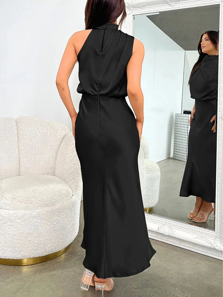 Summer High-End Silk Satin Sleeveless Long Dress Women Fashion Elegant Celebrity Dresses Evening Dress Party Clothes Ladies