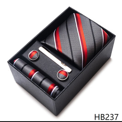 Hot Sale 8 cm Wide Tie Sets Blue Solid Men's Neck Tie Handkerchief Cufflinks Clip Box Wedding Gift Silk Handmade