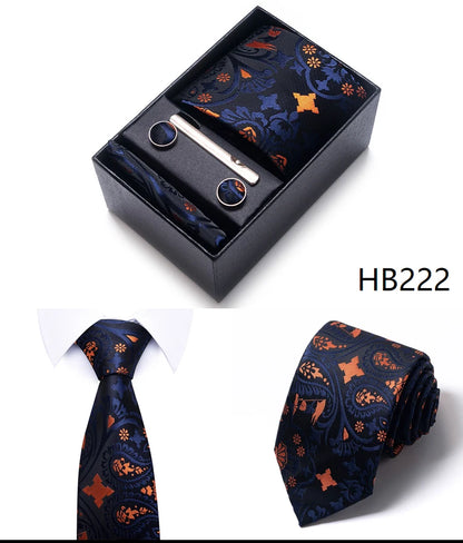Hot Sale 8 cm Wide Tie Sets Blue Solid Men's Neck Tie Handkerchief Cufflinks Clip Box Wedding Gift Silk Handmade
