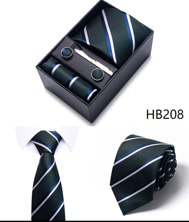 Hot Sale 8 cm Wide Tie Sets Blue Solid Men's Neck Tie Handkerchief Cufflinks Clip Box Wedding Gift Silk Handmade