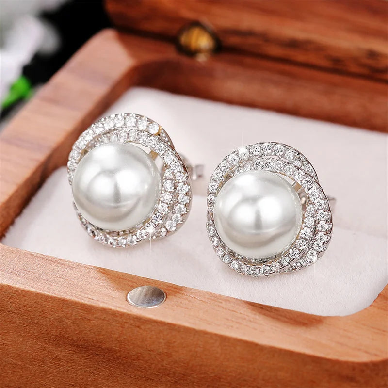 Huitan Shiny Imitation Pearl Stud Earrings Fashion Cross Design Aesthetic Women Ear Piercing Accessories Wedding Party Jewelry
