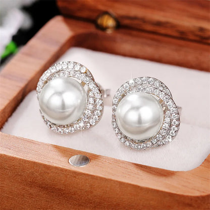 Huitan Shiny Imitation Pearl Stud Earrings Fashion Cross Design Aesthetic Women Ear Piercing Accessories Wedding Party Jewelry