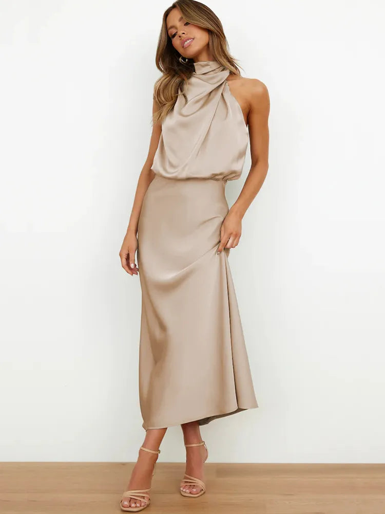 Summer High-End Silk Satin Sleeveless Long Dress Women Fashion Elegant Celebrity Dresses Evening Dress Party Clothes Ladies