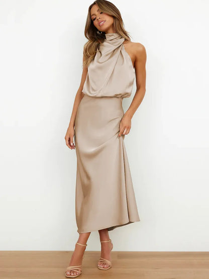 Summer High-End Silk Satin Sleeveless Long Dress Women Fashion Elegant Celebrity Dresses Evening Dress Party Clothes Ladies