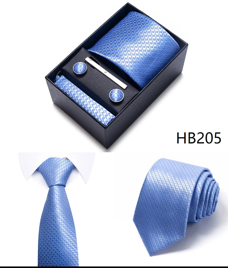 Hot Sale 8 cm Wide Tie Sets Blue Solid Men's Neck Tie Handkerchief Cufflinks Clip Box Wedding Gift Silk Handmade