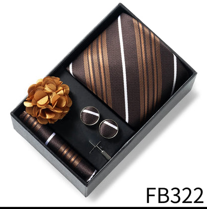 Luxurious Fashion Gift Box Men 8 cm Tie Sets Necktie Handkerchief Cufflinks Clip Brooch Set Golden Print Fit Wedding