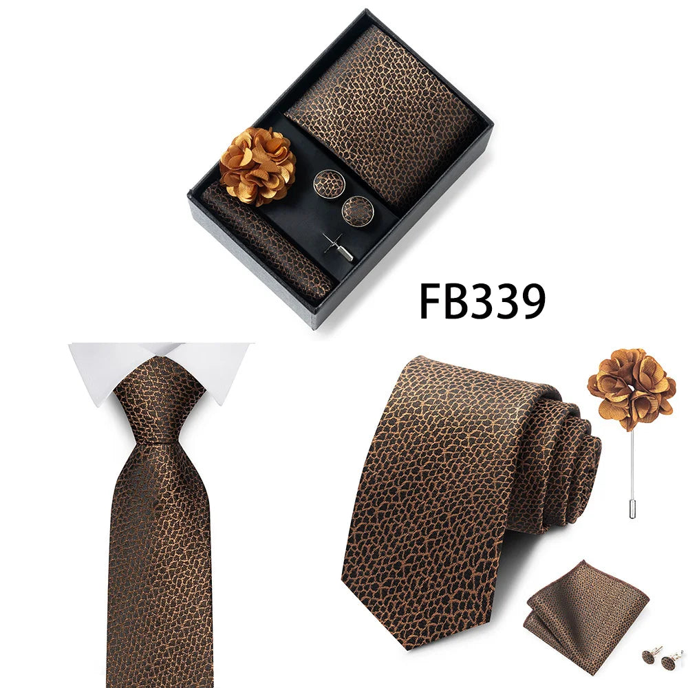 Luxurious Fashion Gift Box Men 8 cm Tie Sets Necktie Handkerchief Cufflinks Clip Brooch Set Golden Print Fit Wedding